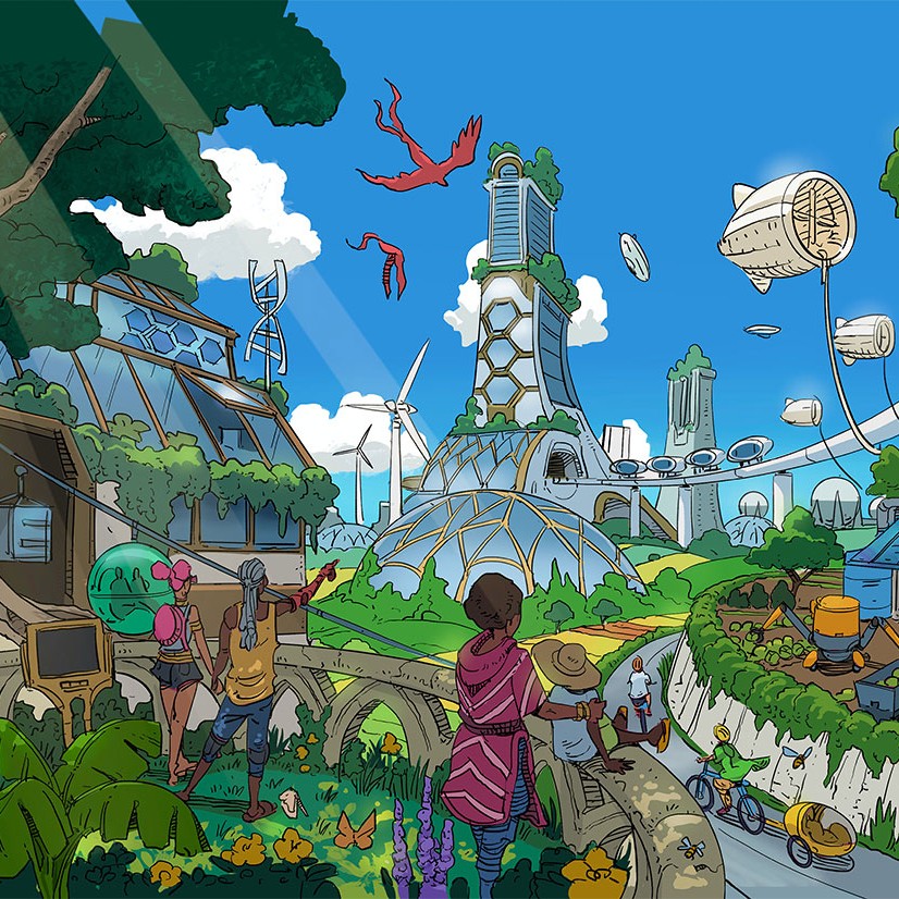 un paysage solarpunk par Karl Schulschenk